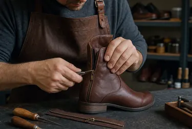Sapateiro consertando o zíper de uma bota, mostrando precisão na tarefa.