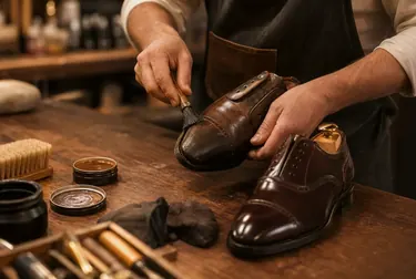 Sapateiro reformando um sapato social, com ferramentas e materiais de qualidade.