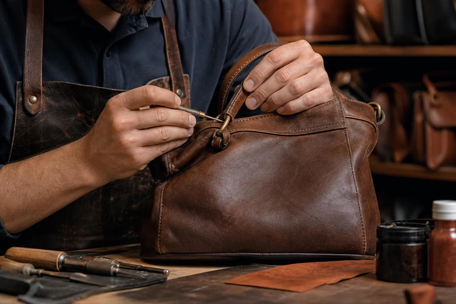 Sapateiro reformando uma bolsa de couro, destacando suas habilidades e atenção aos detalhes.