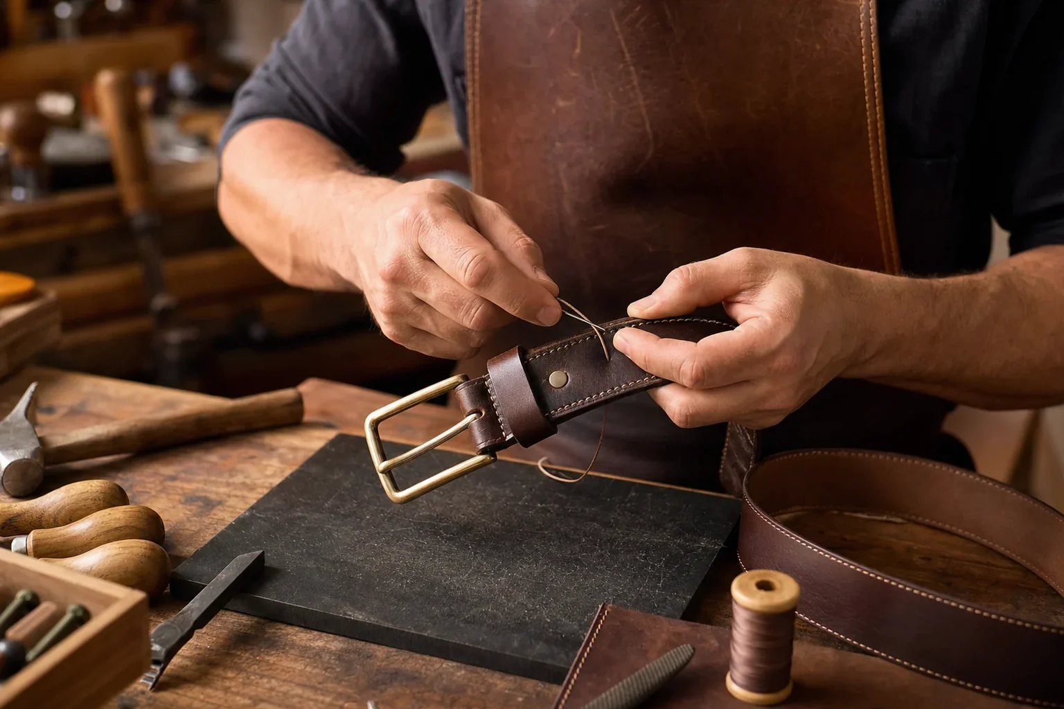 Sapateiro reparando um cinto de couro, com atenção ao detalhe do material.